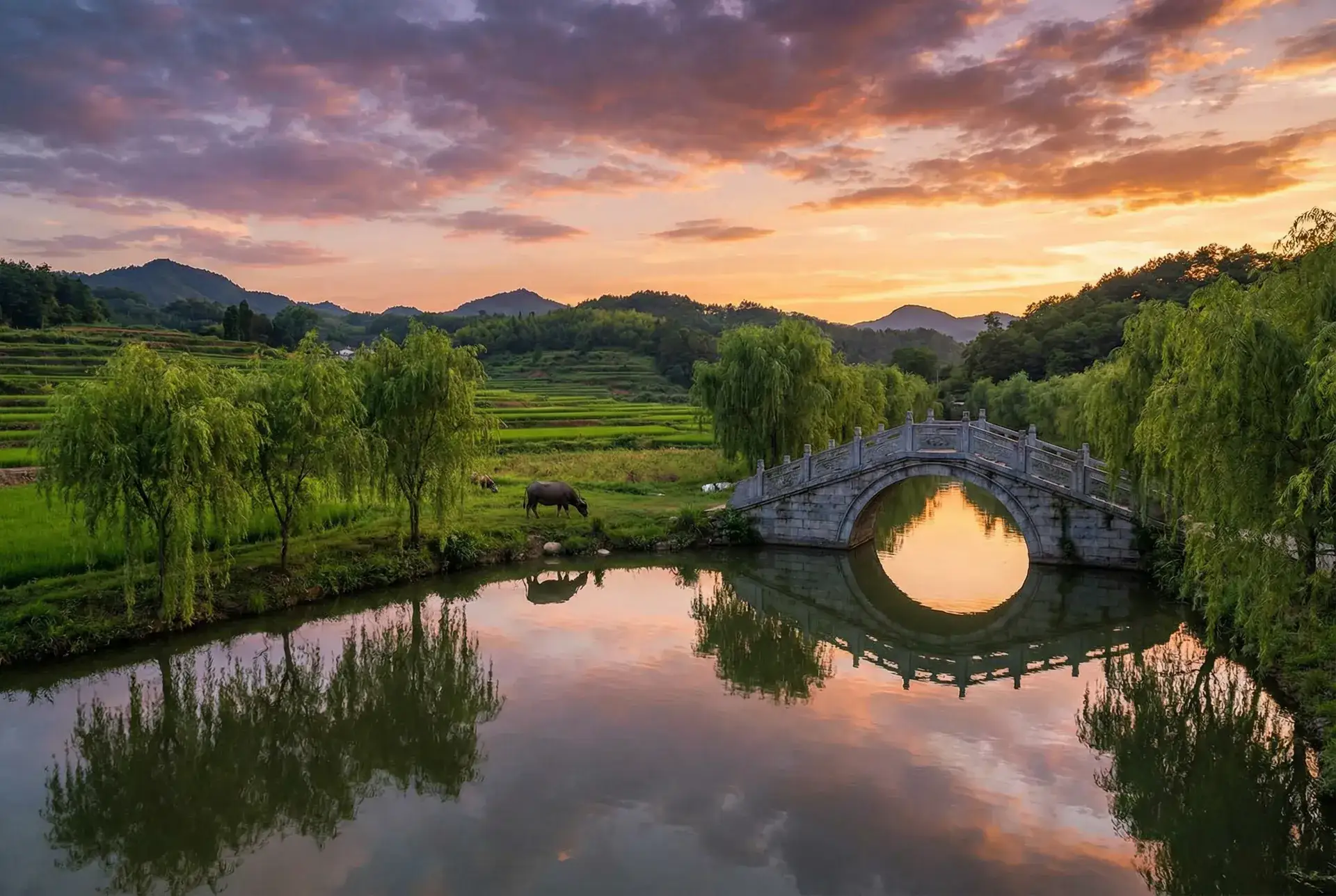 夕阳下的石拱桥与垂柳，水牛在河边吃草 - yua 乡村美景