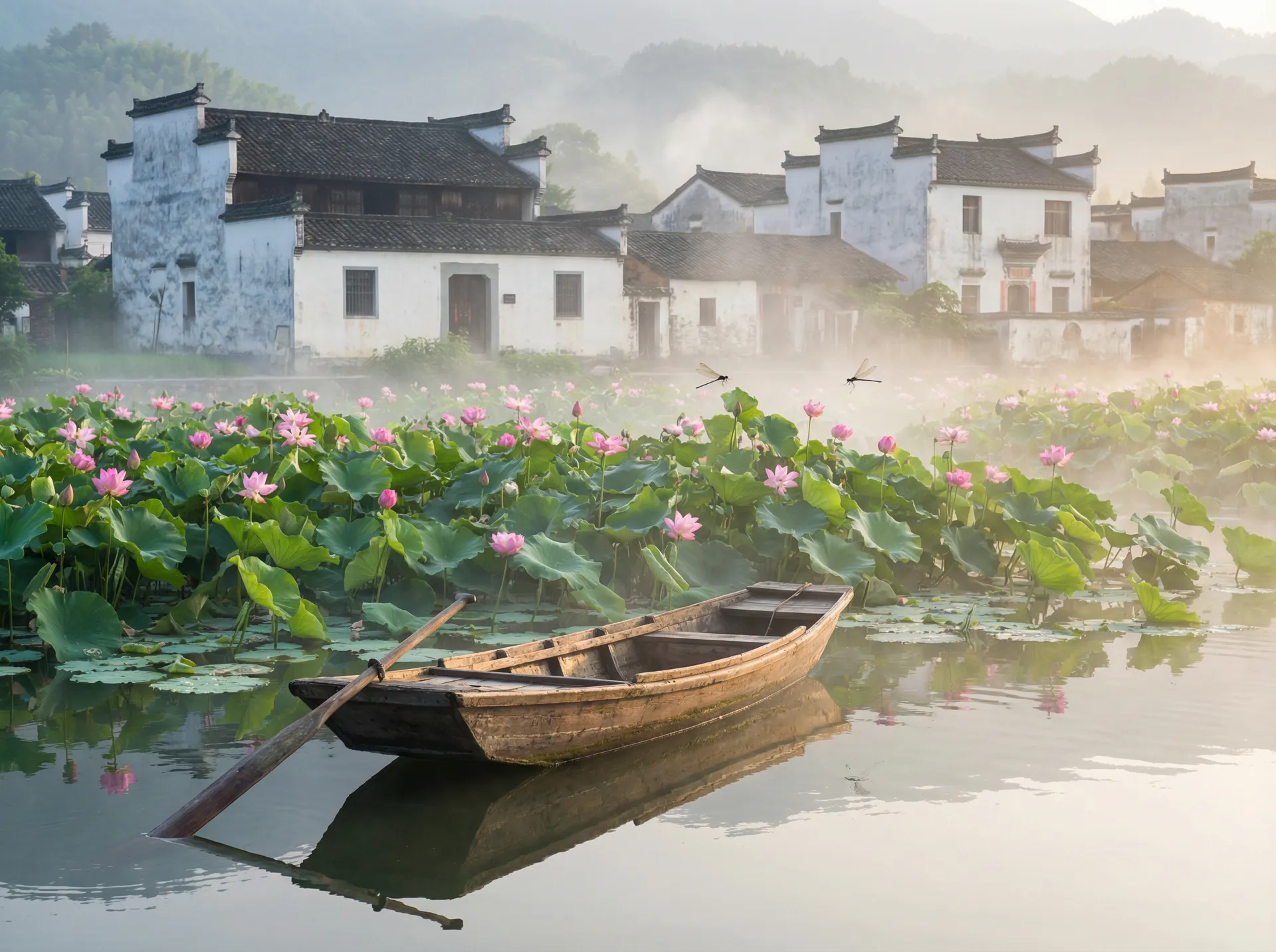 清晨荷塘小舟，粉色荷花盛开，白墙黑瓦的村庄 - yua 水乡风情